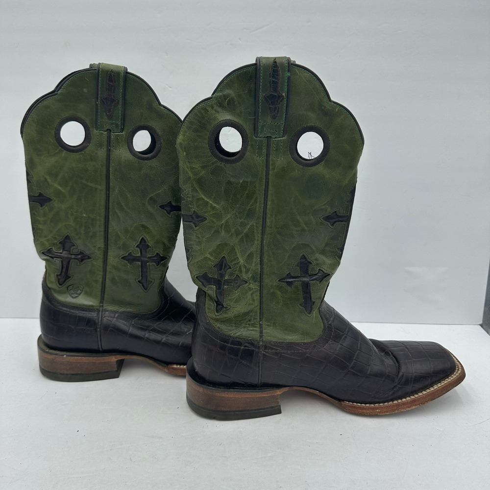 Ariat Mens Ranchero Cowboy Boots Sz 9.5D Green Brown Cross Overlay Square Toe - Picture 6 of 7